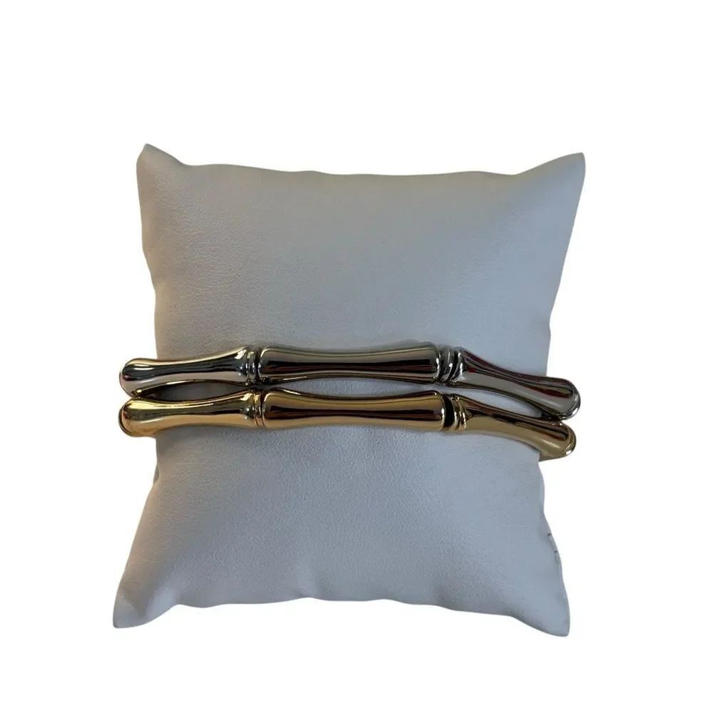 Set of Bamboo Style Stretch Bracelets. One in Gold Tone, One in Silver Tone.
